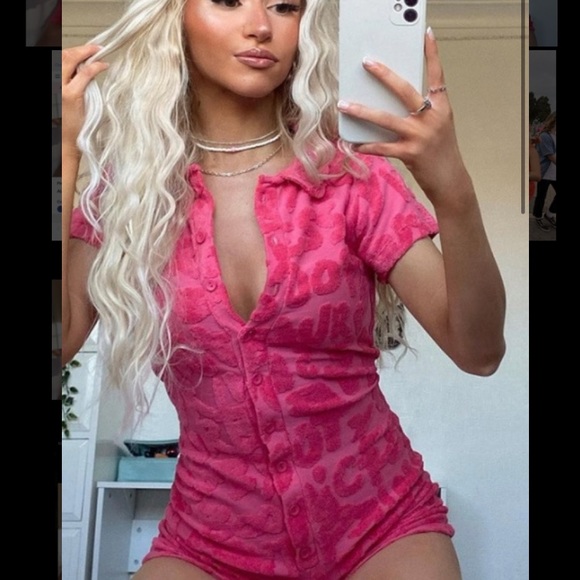 Pants - Pink Embossed Towelling Playsuit from nothing but style